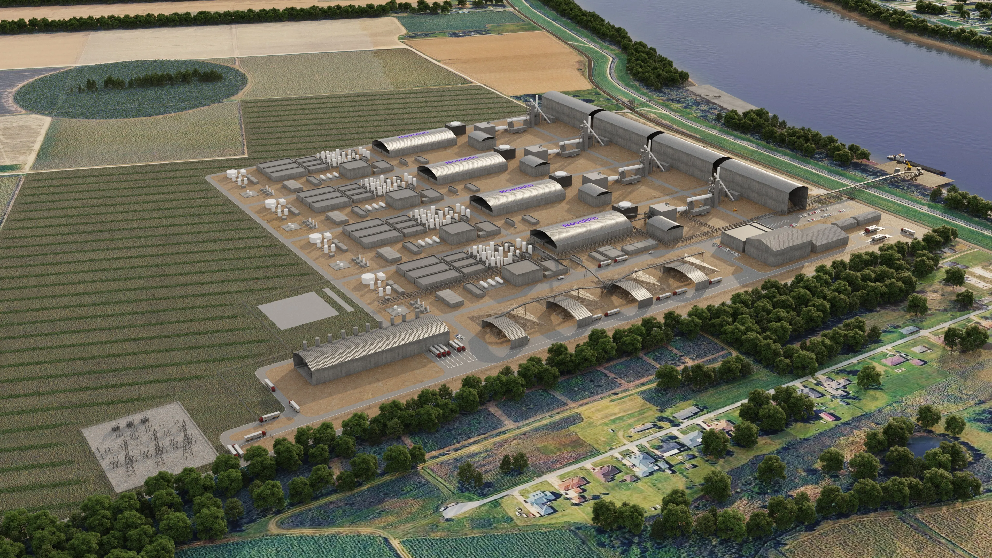 Aerial render of a commercial-scale lithium refinery, shown as an indicative arrangement rather than a specific site