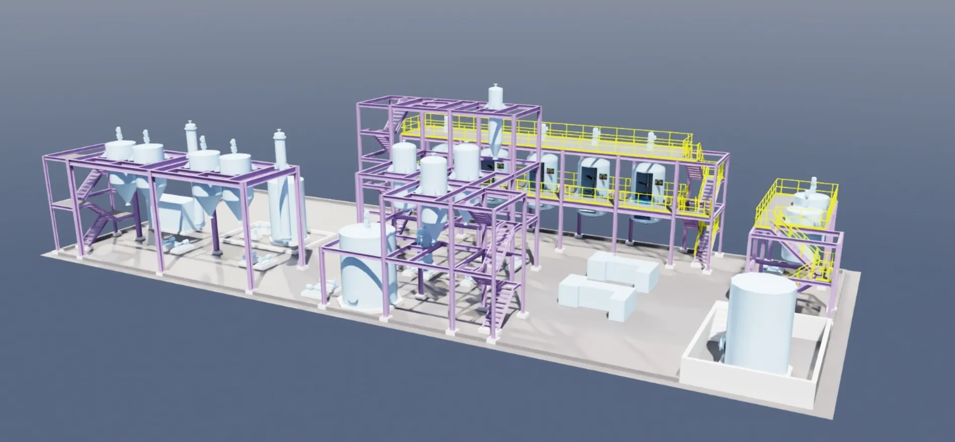 Three-dimensional design model of the 20 tpa refinery: the process modules arranged on a single skid, with structural steel, vessels and access platforms