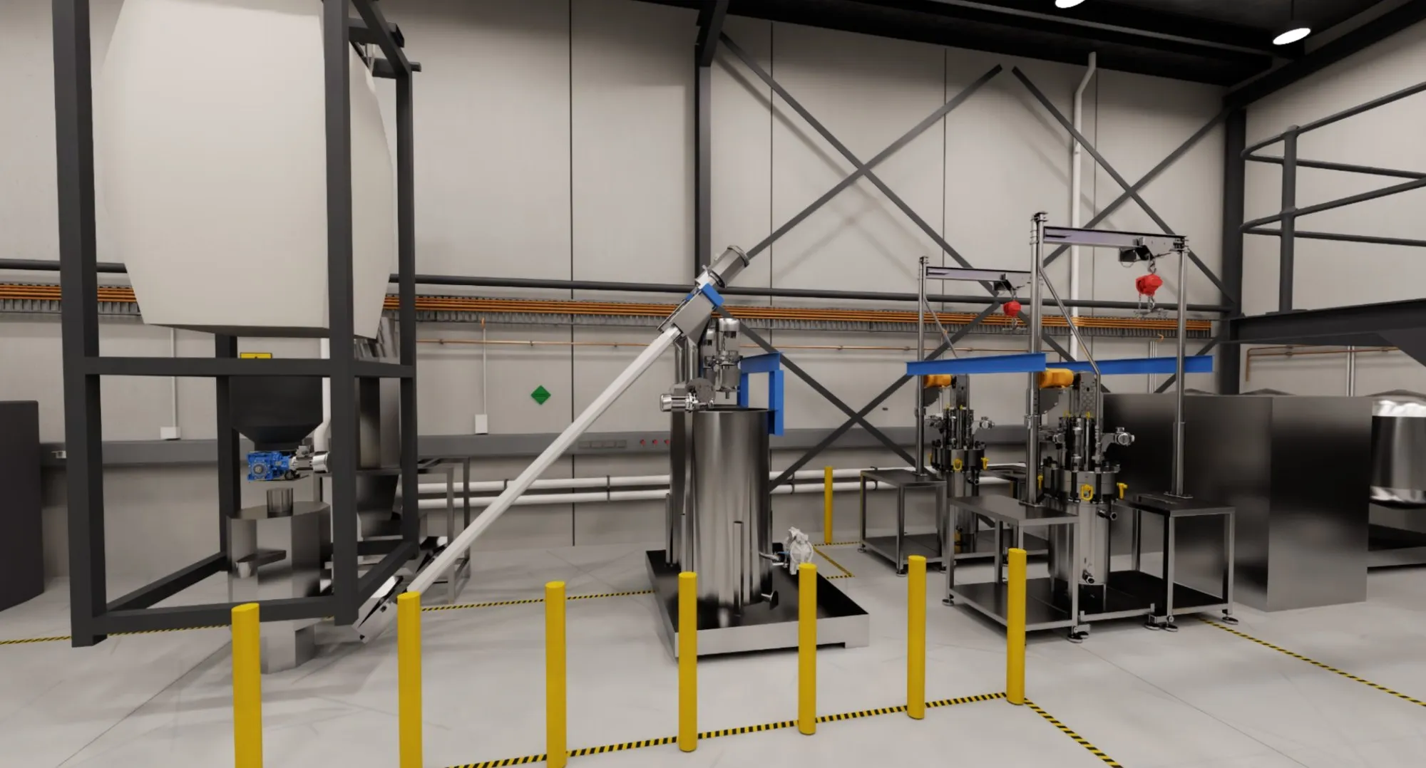 Three-dimensional model of the 20 tpa refinery line inside the Sydney facility: a bulk bag station feeding an inclined screw conveyor into a stainless steel tank, with reactor modules on frames behind yellow safety bollards